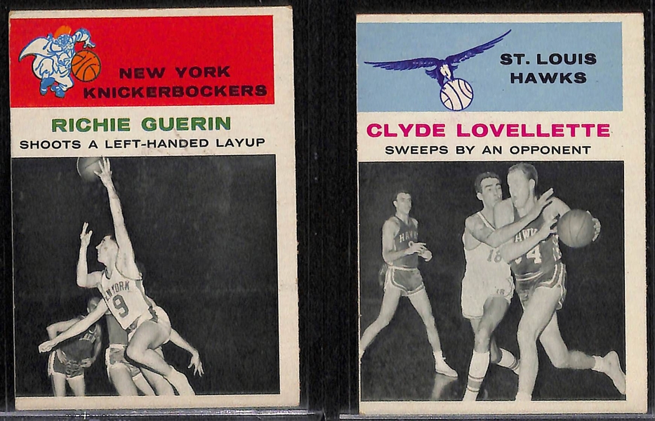 Lot of (5) 1961 Fleer Basketball In-Action Cards (Cousey #49, Schayes #63, Larusso #57, Guerin #52, Lovellette #58))