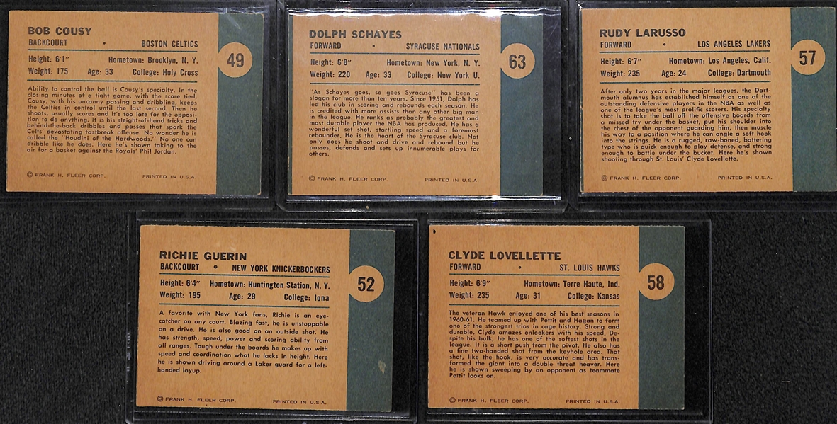 Lot of (5) 1961 Fleer Basketball In-Action Cards (Cousey #49, Schayes #63, Larusso #57, Guerin #52, Lovellette #58))