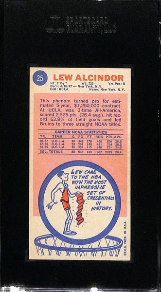 HOT! 1969 Topps Lew Alcindor #25 Rookie Card Graded SGC 6.5 (Kareem Abdul-Jabaar) Milwaukee Bucks 