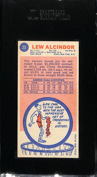 HOT! 1969 Topps Lew Alcindor #25 Rookie Card Graded SGC 6.5 (Kareem Abdul-Jabaar) Milwaukee Bucks 