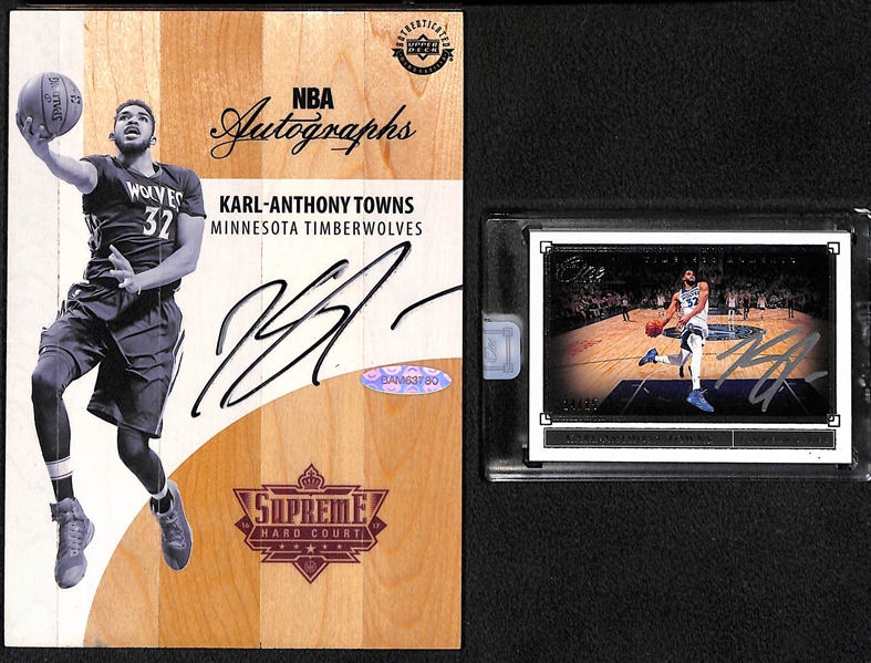 Lot of (2) Autographed Karl-Anthony Towns Cards - 2016 UD Supreme Court 5x7 Floor Card; 2019 Panini One-and-One Timeless Moments#24/25