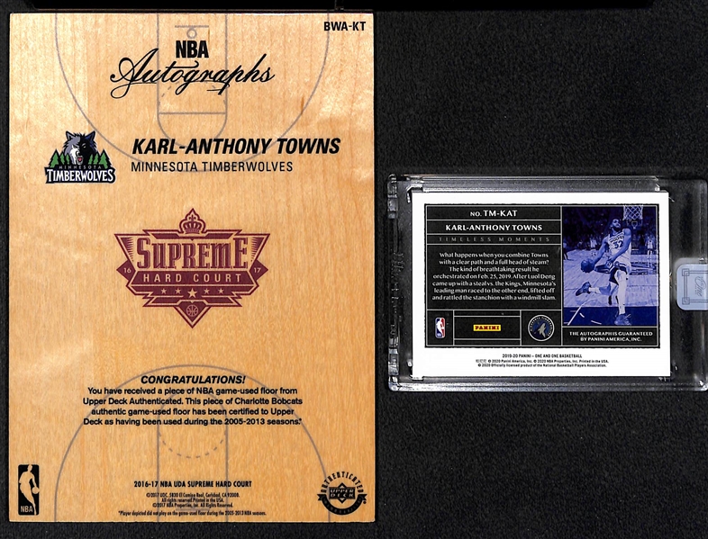 Lot of (2) Autographed Karl-Anthony Towns Cards - 2016 UD Supreme Court 5x7 Floor Card; 2019 Panini One-and-One Timeless Moments#24/25