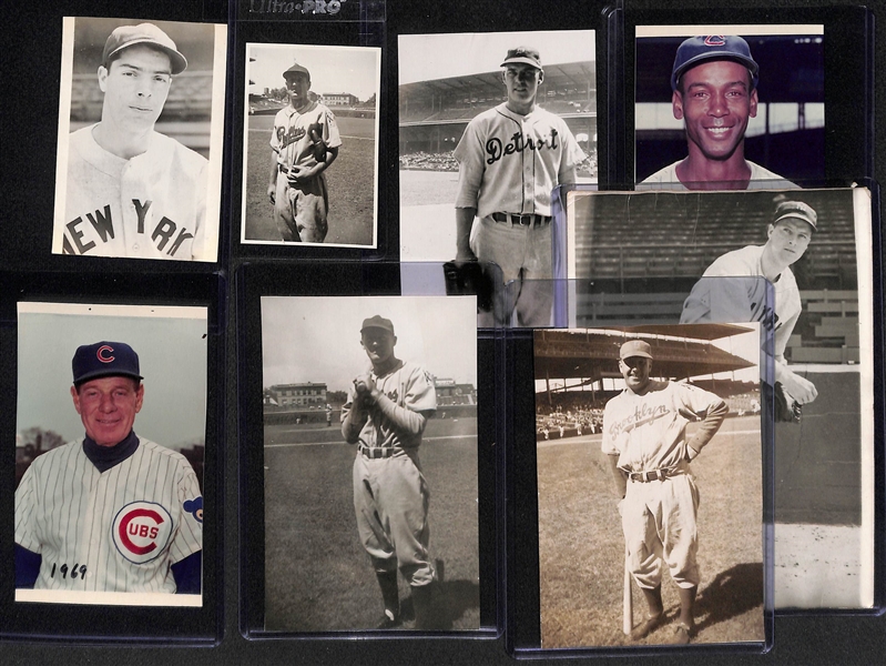 Lot of (8) Vintage Baseball Photos w. Joe DiMaggio, Pearson, Banks, Durocher, Todd, McKain, Arnovich, Mulcahy (2x3 to 5x7)