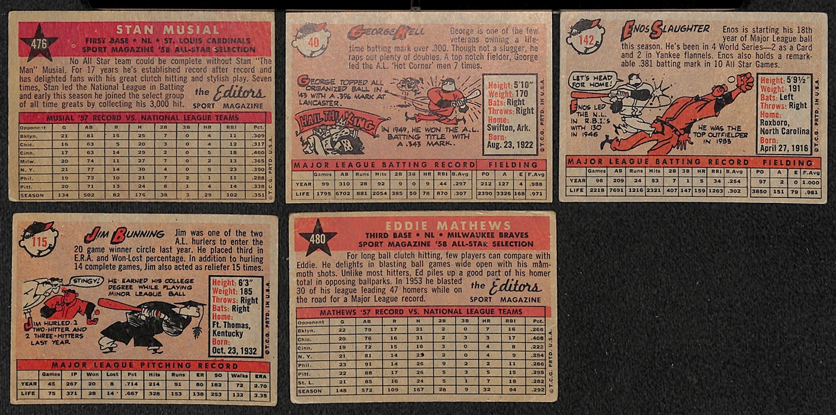 Lot of (50) Different 1958 Topps Baseball Cards w. Stan Musial All Star