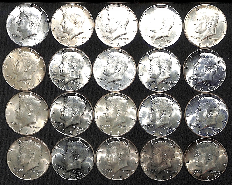 Group of 20 - 1964 Kennedy Silver Half Dollars - $10 Face Value - Circulated
