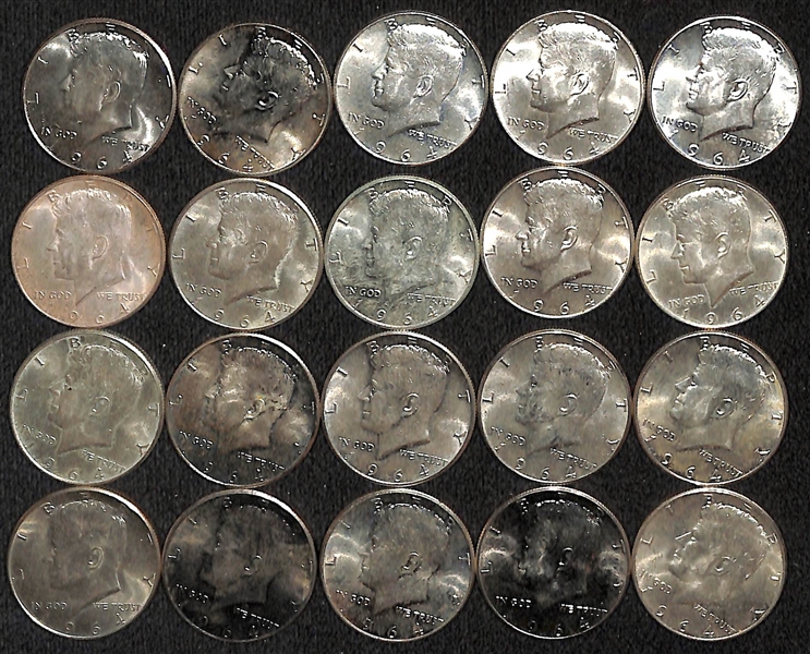 Group of 20 - 1964 Kennedy Silver Half Dollars - $10 Face Value - Circulated