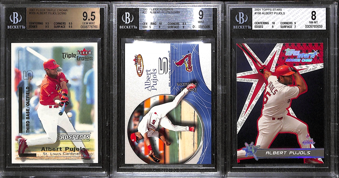 Lot of (3) BGS Graded Albert Pujols Rookie Cards- 2001 Fleer Triple Crown, 2001 Fleer Futures, 2001 Topps Stars - BGS NM-GemMt