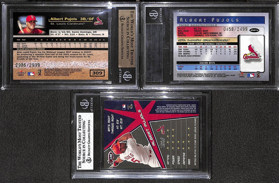 Lot of (3) BGS Graded Albert Pujols Rookie Cards- 2001 Fleer Triple Crown, 2001 Fleer Futures, 2001 Topps Stars - BGS NM-GemMt