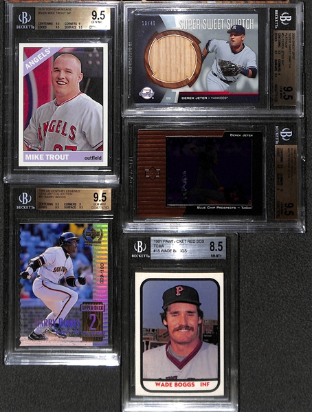 Lot of (5) BGS Graded Baseball Cards- 2015 Topps Heritage Mike Trout Variation, 2006 Sweet Spot Derek Jeter Bat Card, 1998 Upper Deck Derek Jeter Blue Chip Prospects, 1999 UD Century Legends Barry...