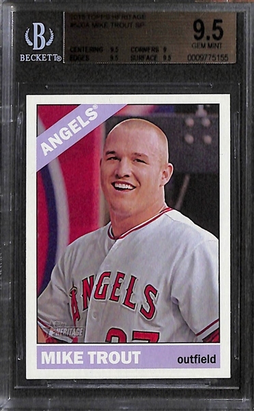 Lot of (5) BGS Graded Baseball Cards- 2015 Topps Heritage Mike Trout Variation, 2006 Sweet Spot Derek Jeter Bat Card, 1998 Upper Deck Derek Jeter Blue Chip Prospects, 1999 UD Century Legends Barry...
