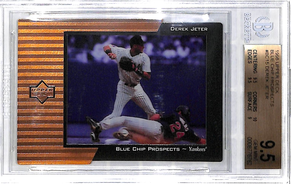 Lot of (5) BGS Graded Baseball Cards- 2015 Topps Heritage Mike Trout Variation, 2006 Sweet Spot Derek Jeter Bat Card, 1998 Upper Deck Derek Jeter Blue Chip Prospects, 1999 UD Century Legends Barry...