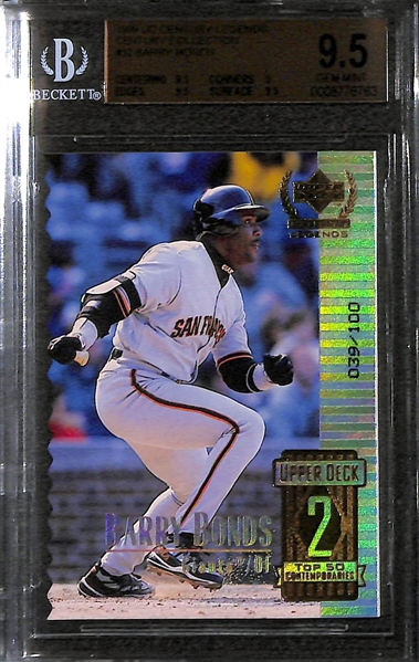 Lot of (5) BGS Graded Baseball Cards- 2015 Topps Heritage Mike Trout Variation, 2006 Sweet Spot Derek Jeter Bat Card, 1998 Upper Deck Derek Jeter Blue Chip Prospects, 1999 UD Century Legends Barry...