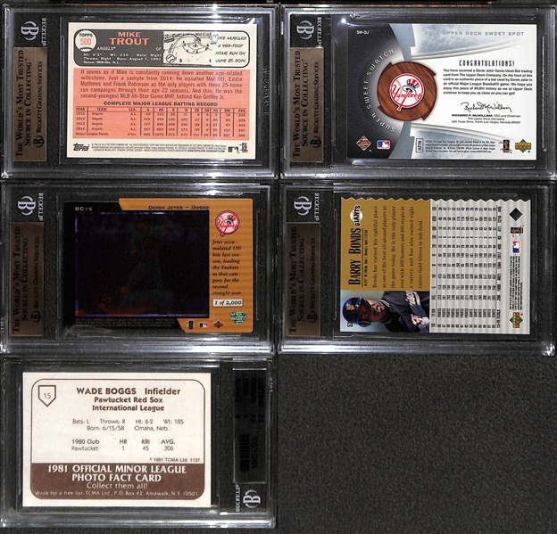 Lot of (5) BGS Graded Baseball Cards- 2015 Topps Heritage Mike Trout Variation, 2006 Sweet Spot Derek Jeter Bat Card, 1998 Upper Deck Derek Jeter Blue Chip Prospects, 1999 UD Century Legends Barry...