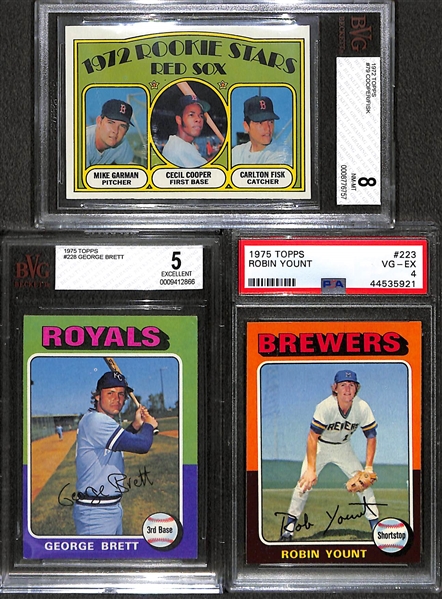 Lot of (3) Graded 1970s Topps Hall Of Famer Rookies - 1972 Topps Carlton Fisk BVG 8, 1975 Topps George Brett BVG 5, & 1975 Topps Robin Yount PSA 4