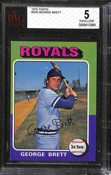 Lot of (3) Graded 1970s Topps Hall Of Famer Rookies - 1972 Topps Carlton Fisk BVG 8, 1975 Topps George Brett BVG 5, & 1975 Topps Robin Yount PSA 4