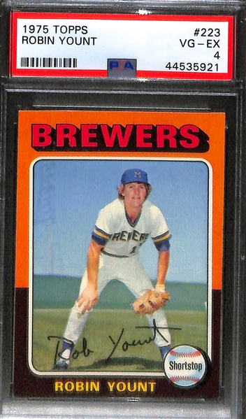 Lot of (3) Graded 1970s Topps Hall Of Famer Rookies - 1972 Topps Carlton Fisk BVG 8, 1975 Topps George Brett BVG 5, & 1975 Topps Robin Yount PSA 4