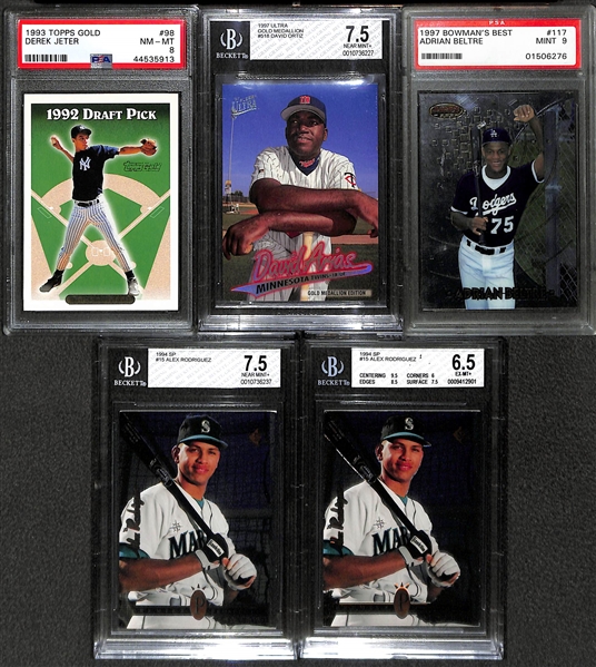 Lot of (5) Graded 1990s Superstar Rookies - 1993 Topps Gold Derek Jeter PSA 8, 1997 Ultra David Ortiz Gold Medallion BGS 7.5, 1997 Bowman's Best Adrian Beltre PSA 9, 1994 SP Alex Rodriguez BGS 7.5,...