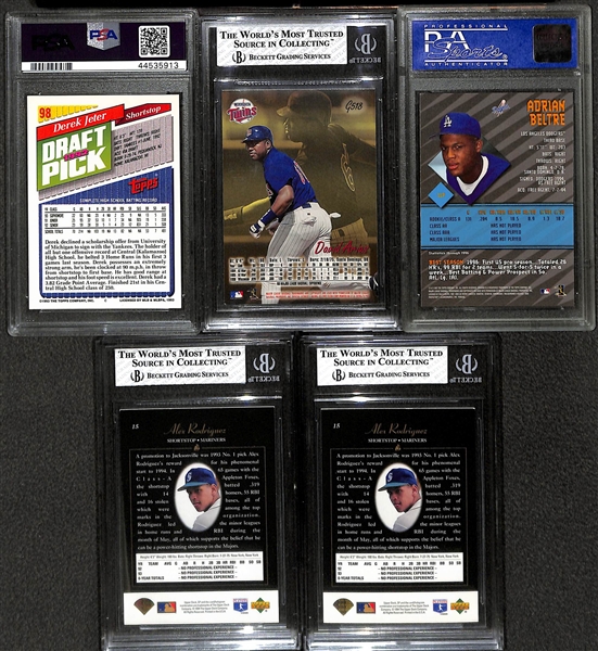 Lot of (5) Graded 1990s Superstar Rookies - 1993 Topps Gold Derek Jeter PSA 8, 1997 Ultra David Ortiz Gold Medallion BGS 7.5, 1997 Bowman's Best Adrian Beltre PSA 9, 1994 SP Alex Rodriguez BGS 7.5,...