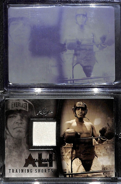Lot of (2) 2016 Leaf Muhammad Ali Collection Cards - 1/1 Black Printing Plate & Fighter Worn Training Shorts Card