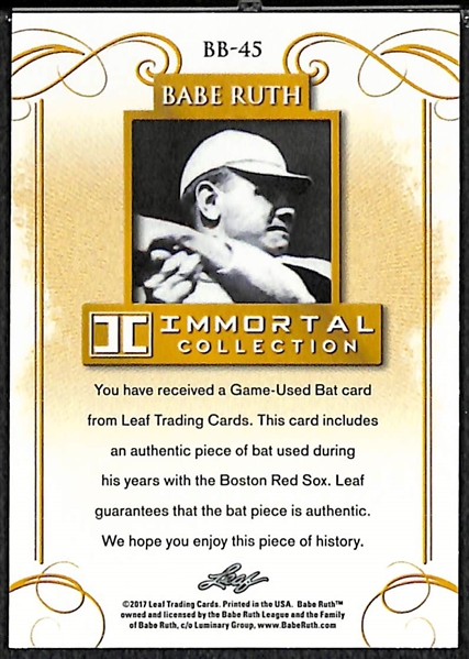 2017 Leaf Babe Ruth Immortal Collection Game Used Red Sox Bat 