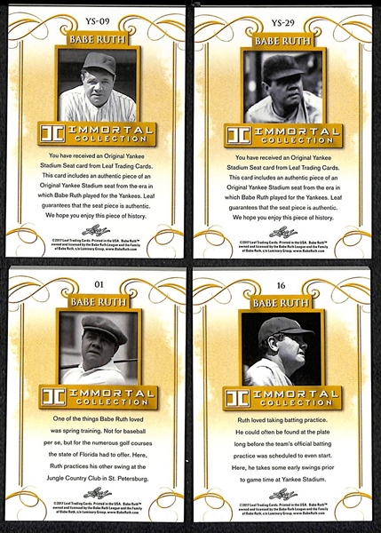 Lot of (4) 2017 Babe Ruth Immortal Collection Cards - Blue Yankees Stadium Seat, Red Yankees Stadium Seat, Blue Base Card, & Red Base Card