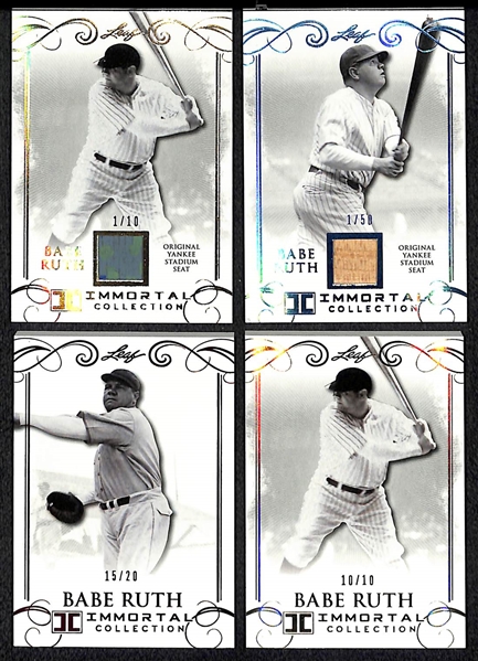 Lot of (4) Short Printed 2017 Leaf Babe Ruth Immortal Collection Cards - Gold Yankees Stadium Seat, Blue Yankees Stadium Seat, Red Base Card, & Gold Base Card