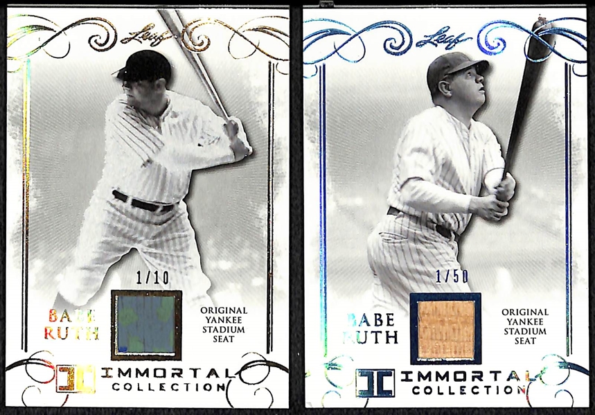 Lot of (4) Short Printed 2017 Leaf Babe Ruth Immortal Collection Cards - Gold Yankees Stadium Seat, Blue Yankees Stadium Seat, Red Base Card, & Gold Base Card