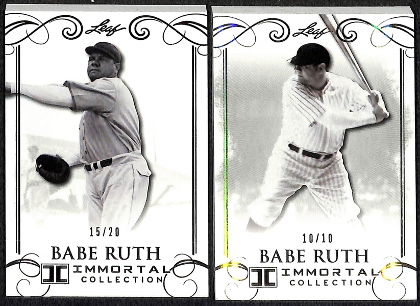 Lot of (4) Short Printed 2017 Leaf Babe Ruth Immortal Collection Cards - Gold Yankees Stadium Seat, Blue Yankees Stadium Seat, Red Base Card, & Gold Base Card