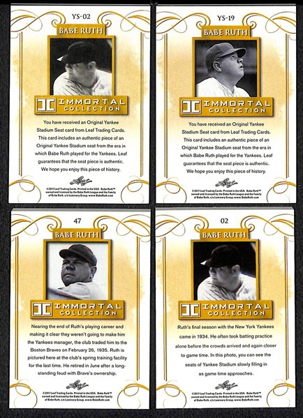 Lot of (4) Short Printed 2017 Leaf Babe Ruth Immortal Collection Cards - Gold Yankees Stadium Seat, Blue Yankees Stadium Seat, Red Base Card, & Gold Base Card