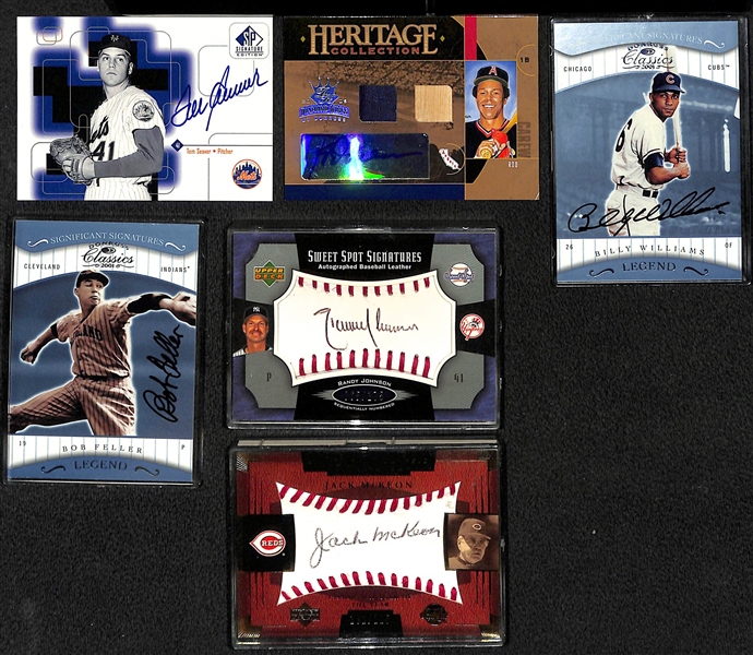 Lot of (6) Autograph Cards Including 5 Hall Of Famers - Tom Seaver, Rod Carew, Billy Williams, Bob Feller, Randy Johnson & Jack Mckeon