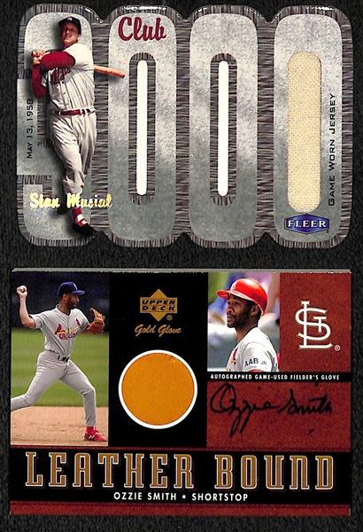 Lot of (2) St Louis Cardinals Hall Of Fame Memorabilia Cards - 2000 Fleer Stan Musial Jersey Card, 2001 Upper Deck Gold Glove Ozzie Smith Glove Autograph