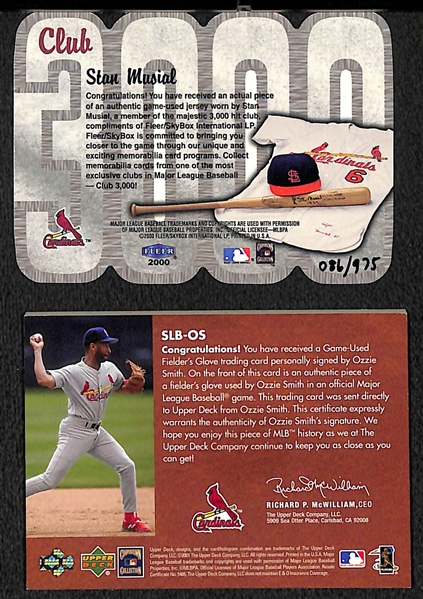 Lot of (2) St Louis Cardinals Hall Of Fame Memorabilia Cards - 2000 Fleer Stan Musial Jersey Card, 2001 Upper Deck Gold Glove Ozzie Smith Glove Autograph