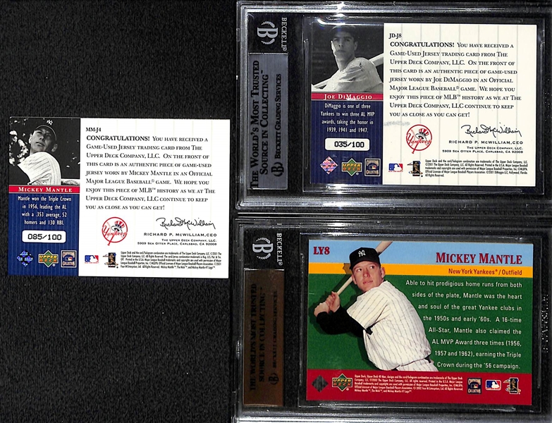 Lot of (3) New York Yankees Hall Of Fame Cards - Mickey Mantle Pinstripe Jersey, Joe DiMaggio Jersey BGS 9 & Mickey Mantle Lumber Yard BGS 9.5