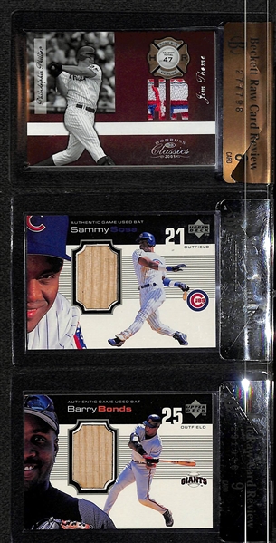 Lot of (3) Superstar Game Used Graded Memorabilia Cards - Jim Thome BGS 8, Sammy Sosa BGS 9, Barry Bonds BGS 9 