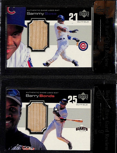 Lot of (3) Superstar Game Used Graded Memorabilia Cards - Jim Thome BGS 8, Sammy Sosa BGS 9, Barry Bonds BGS 9 