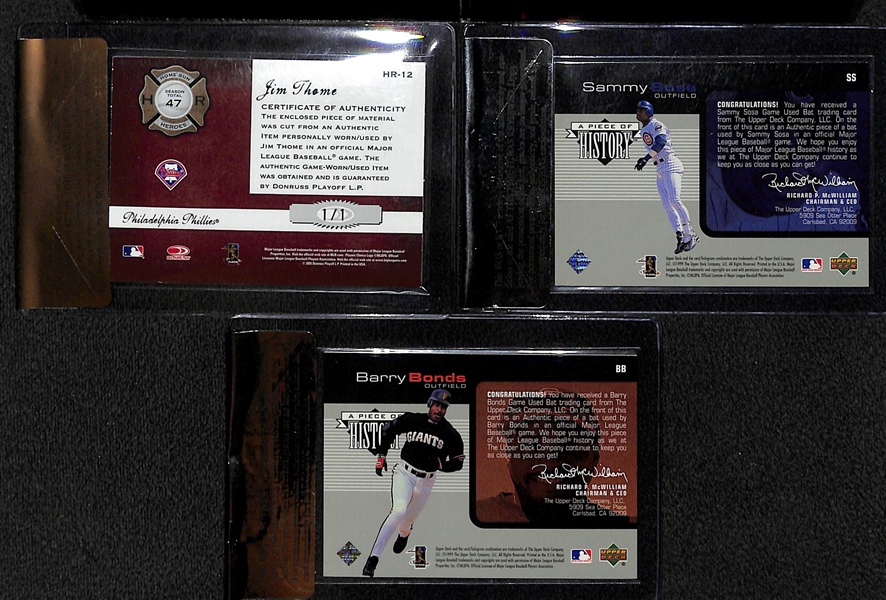 Lot of (3) Superstar Game Used Graded Memorabilia Cards - Jim Thome BGS 8, Sammy Sosa BGS 9, Barry Bonds BGS 9 