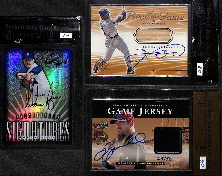 Lot of (3) BGS Graded Hall Of Fame Autographs - Nolan Ryan BGS 9, Sammy Sosa BGS 9 & Jeff Bagwell BGS 8
