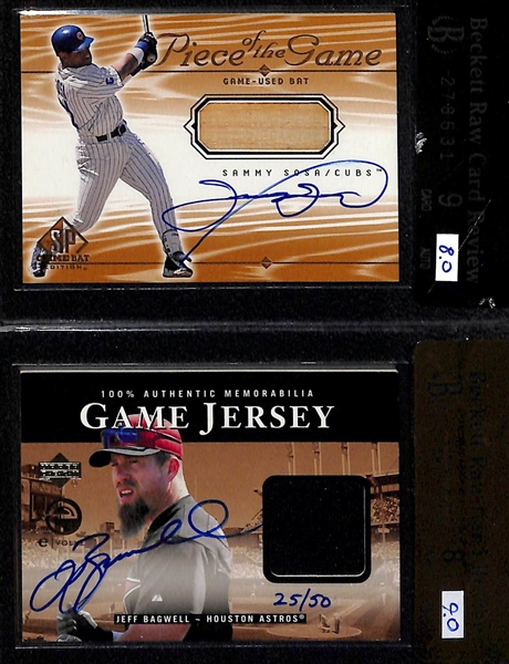 Lot of (3) BGS Graded Hall Of Fame Autographs - Nolan Ryan BGS 9, Sammy Sosa BGS 9 & Jeff Bagwell BGS 8