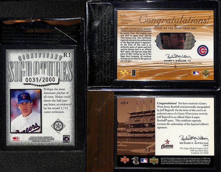 Lot of (3) BGS Graded Hall Of Fame Autographs - Nolan Ryan BGS 9, Sammy Sosa BGS 9 & Jeff Bagwell BGS 8