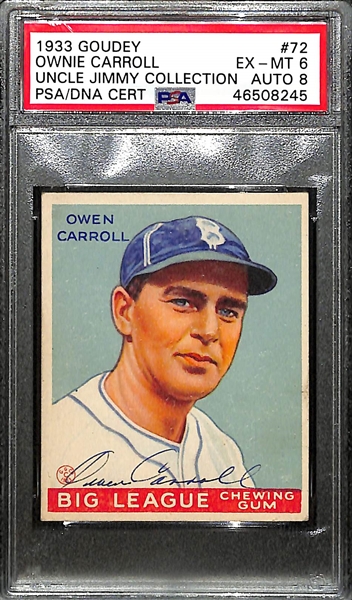Signed 1933 Goudey Owen Carroll #72 Graded PSA 6 (Auto Grade 8) w. Uncle Jimmy Collection, d. 1975