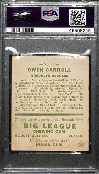 Signed 1933 Goudey Owen Carroll #72 Graded PSA 6 (Auto Grade 8) w. Uncle Jimmy Collection, d. 1975