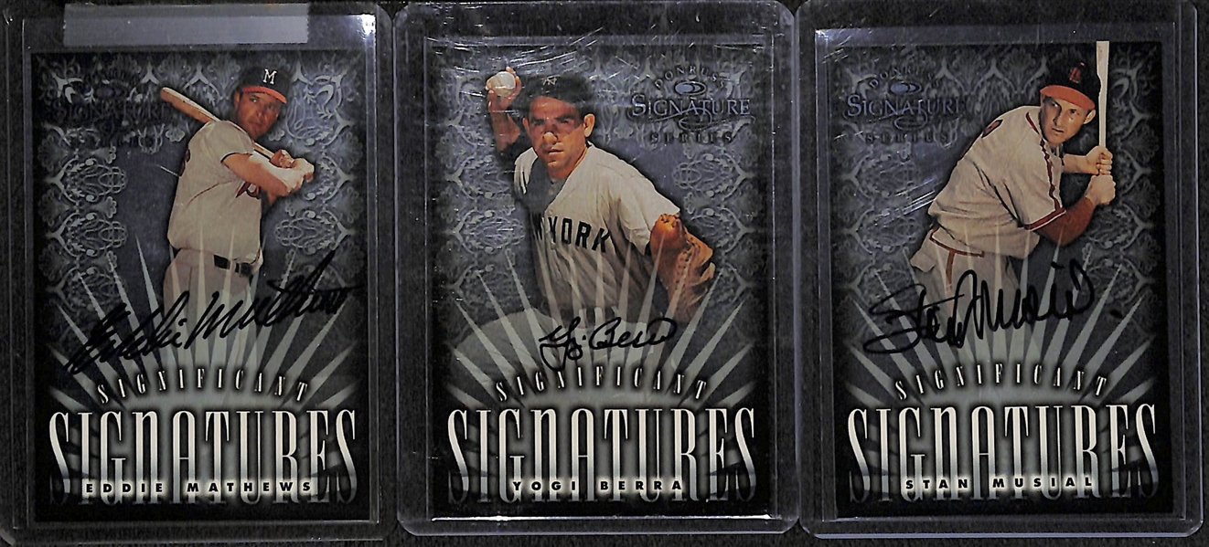 Lot of (3) 1999 Donruss Signature Series Autographs - Eddie Mathews, Yogi Berra, & Stan Musial