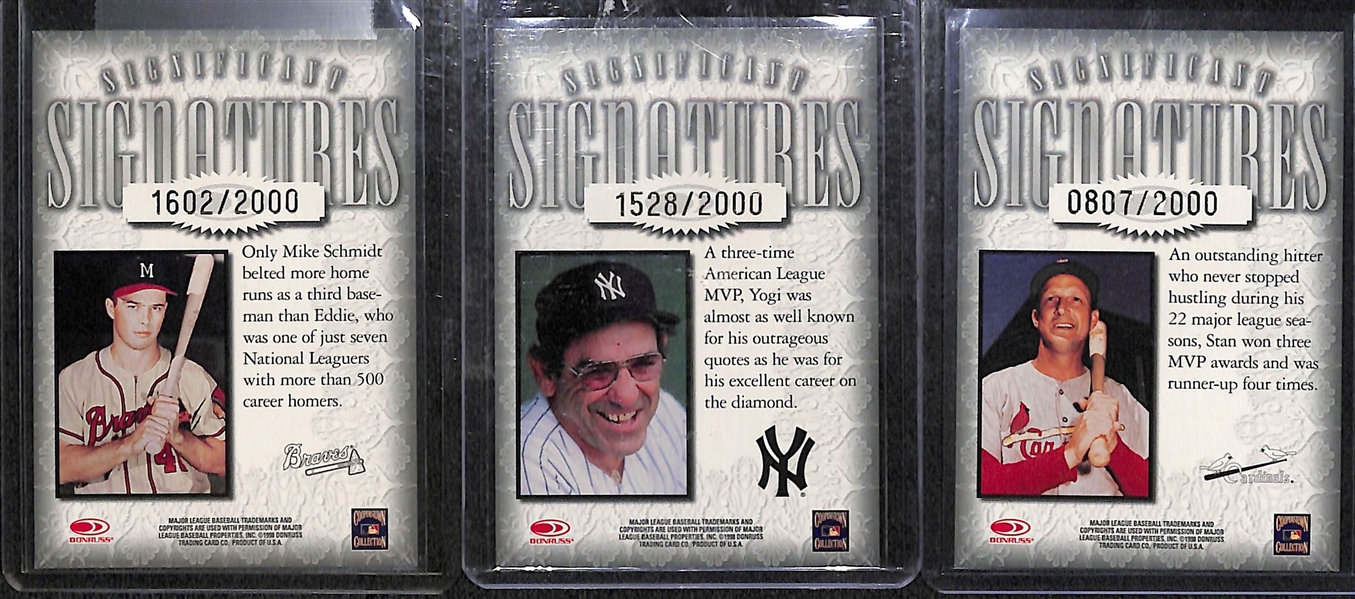 Lot of (3) 1999 Donruss Signature Series Autographs - Eddie Mathews, Yogi Berra, & Stan Musial