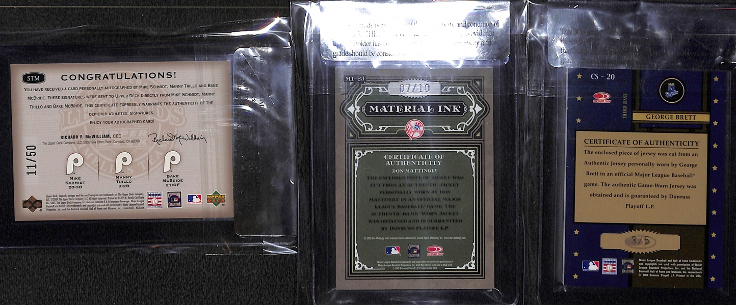 Lot of (3) BGS Graded Hall of Fame Jersey/Patch Autograph Cards - Mike Schmidt, George Brett, & Don Mattingly