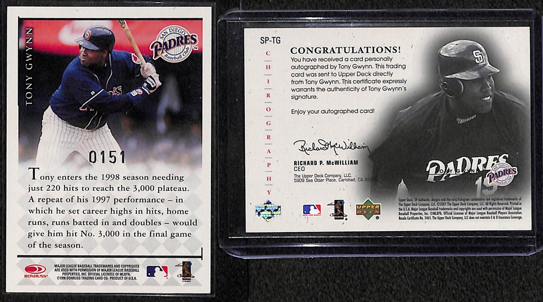 Lot of (2) Tony Gwynn Autograph Cards - 2001 SP Authentic & 1998 Donruss Signature Series BGS 8.5