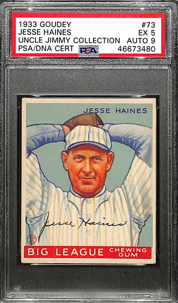 Signed 1933 Goudey Jesse Haines (HOF) #73 Graded PSA 5 (Auto Grade 9) w. Uncle Jimmy Collection, d. 1978