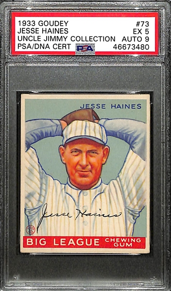 Signed 1933 Goudey Jesse Haines (HOF) #73 Graded PSA 5 (Auto Grade 9) w. Uncle Jimmy Collection, d. 1978
