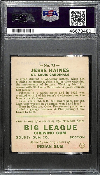 Signed 1933 Goudey Jesse Haines (HOF) #73 Graded PSA 5 (Auto Grade 9) w. Uncle Jimmy Collection, d. 1978