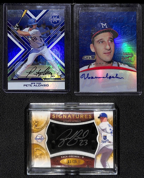 Lot of (3) Superstar Baseball Autographs w. Pete Alonso, Warren Spahn, & Zach Greinke