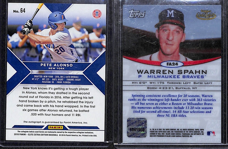 Lot of (3) Superstar Baseball Autographs w. Pete Alonso, Warren Spahn, & Zach Greinke